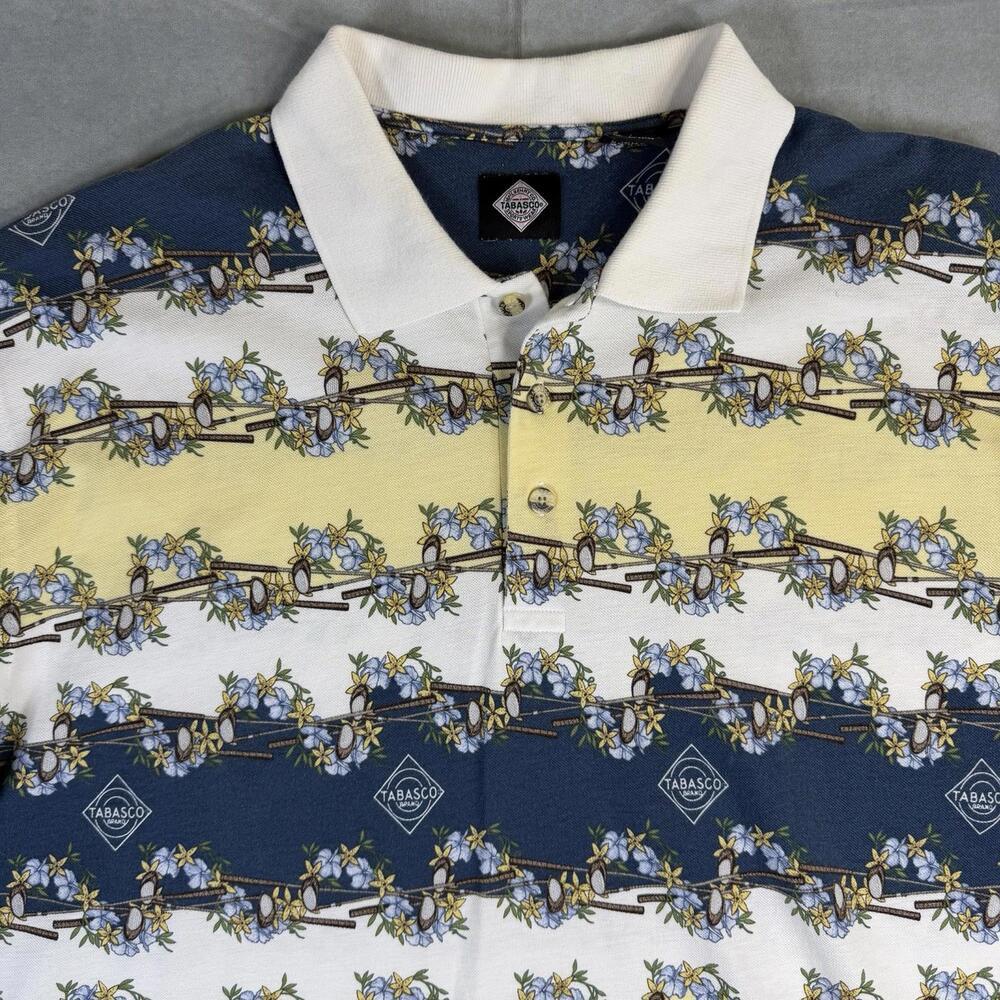 Vintage 90s Tabasco Polo Shirt Mens XL Golf All Over Print Novelty Course